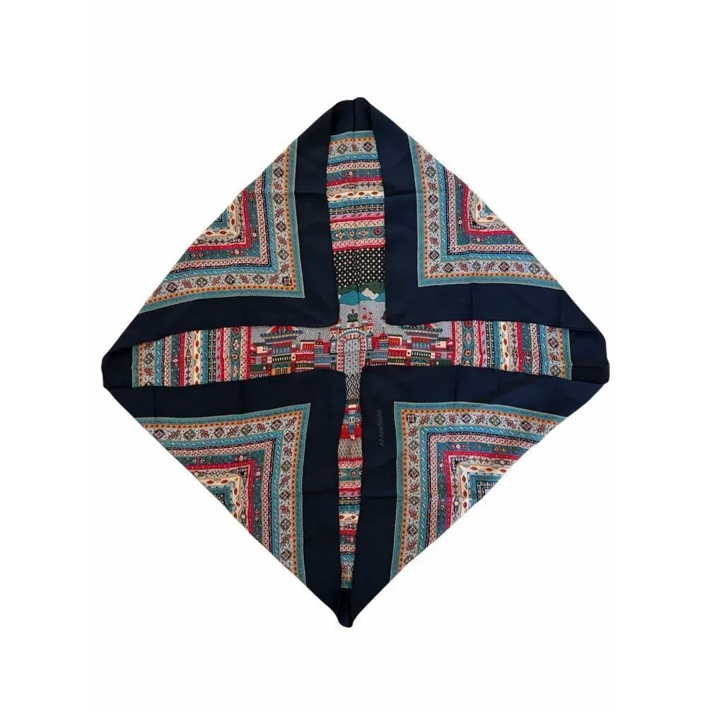 Vintage Vivienne Scenic Silk-Feel Scarf 34” x 34” Blue Cityscape Print Square - Picture 6 of 10